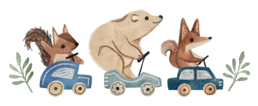 Woodland animals on scooters